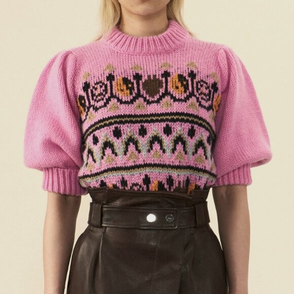 GANNI Hand Knit Wool Puff Sleeve Sweater, Pink XS NWOT